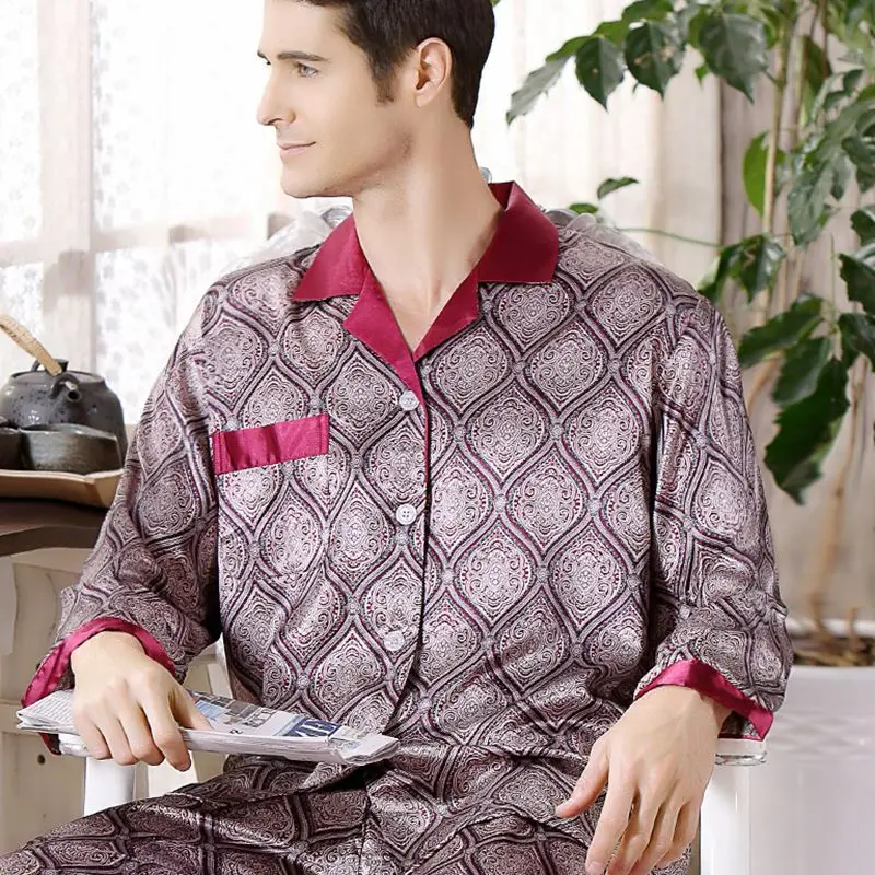 

Thoshine Brand Spring Fall China Satin Silk Pajamas Sets Men Geometric Pattern Sleepwear Leisure Home Clothing Superior Quality