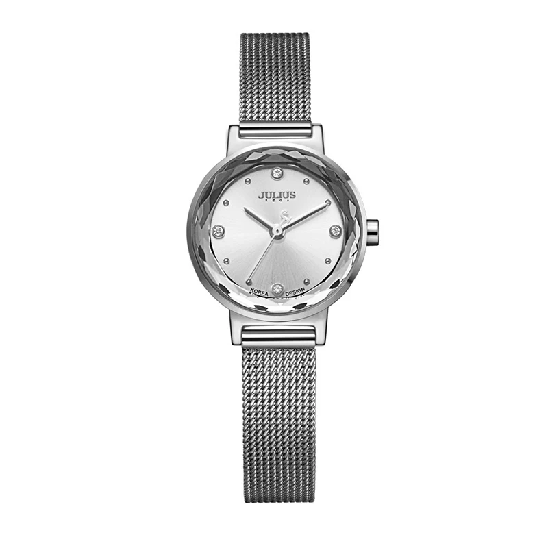 Julius Брендовые женские часы водонепроницаемые кварцевые часы из нержавеющей стали с сеткой простые многоразовые зеркальные часы-браслет - Цвет: Silver