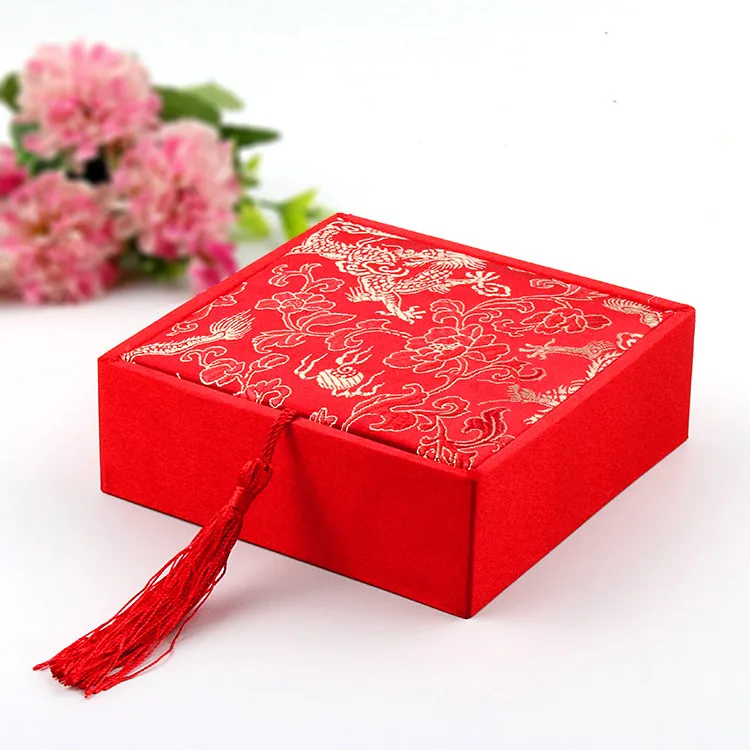 Кисточка квадратная китайская шелковая тканевая коробка жесткий Браслет Подарочный Ящик упаковка Женская Мужская шкатулка чехол для хранения 12x12x4 см