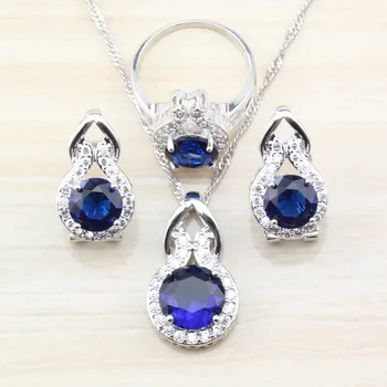 

Bridal 925 Silver Women Costume Jewelry Sets Blue Stone CZ Hoop Earrings/Necklace&Pendant/Ring Wedding Accessories