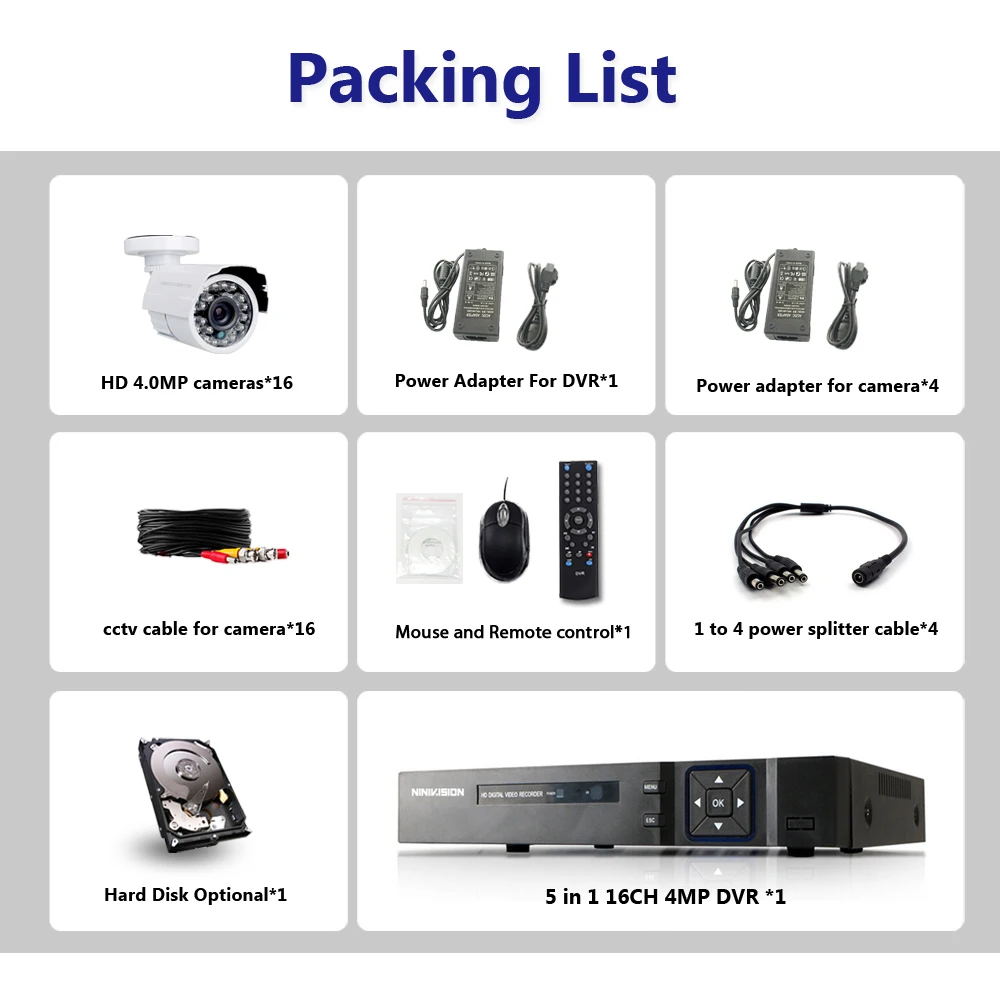16CH CCTV System 4MP HDMI Output Video Surveillance DVR Kit with 16PCS 4.0MP HD Home CCTV Security Camera System 16CH CCTV System 4MP HDMI Output Video Surveillance DVR Kit with 16PCS 4.0MP HD Home CCTV Security Camera System