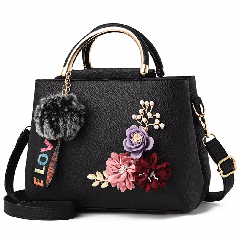

Women Bag Leather Handbag Women Shoulder Bag Tote Flowers Shell Sac A Main Femme Rivets Fur Ball Pendant Luxury Designer Ladies