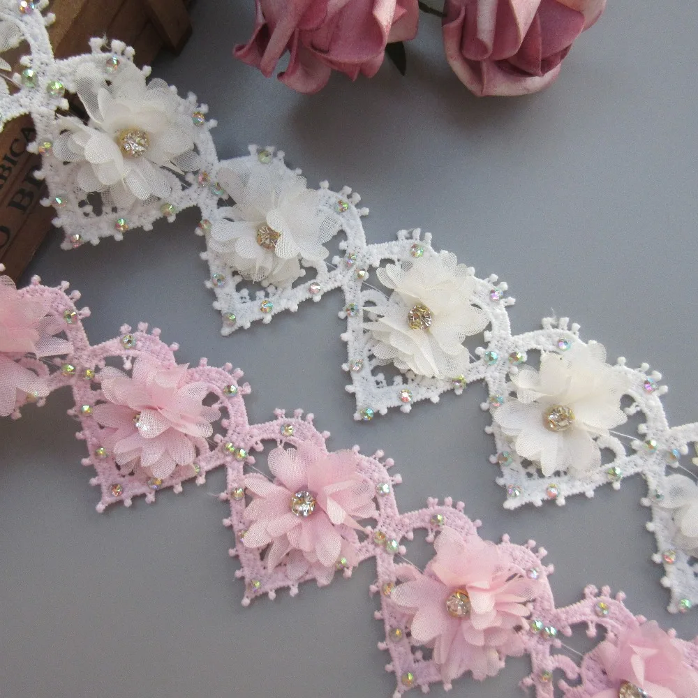 1 метр 55 мм белый розовый алмаз сердце цветок кружева край подрезная Лента ткань вышитые Аппликация, шитье, рукоделие свадебное платье одежда