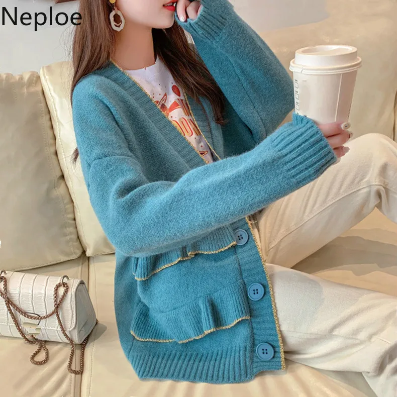 Neploe Sweet Cardigan Women V Neck Solid Ruffles Knitted Cardigans Single Breasted Korean Autumn Winter Coat Knitwear 53835