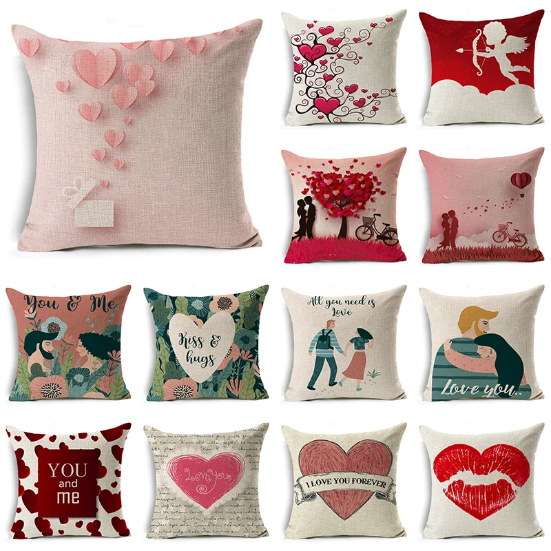 

WZH Pink love Style Cushion Cover 45x45cm Linen Decorative Pillow Cover Sofa Bed Pillow Case
