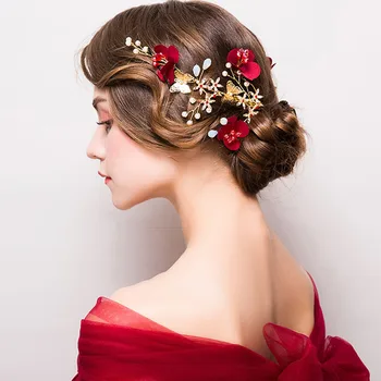 

Bride Wedding Flower Rose Red Hair Claws Accessories Handmade Beaded Nice All-match Recommend Gift For Engagement Jewelry Pins