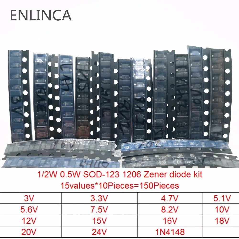 

150Pieces 15 values Zener diode kit SOD-123 1206 SOD-323 0.5W Zener diode SMD package 15values*10pcs 3V 3.3V 4.7V 5.1V 5.6V 7.5V