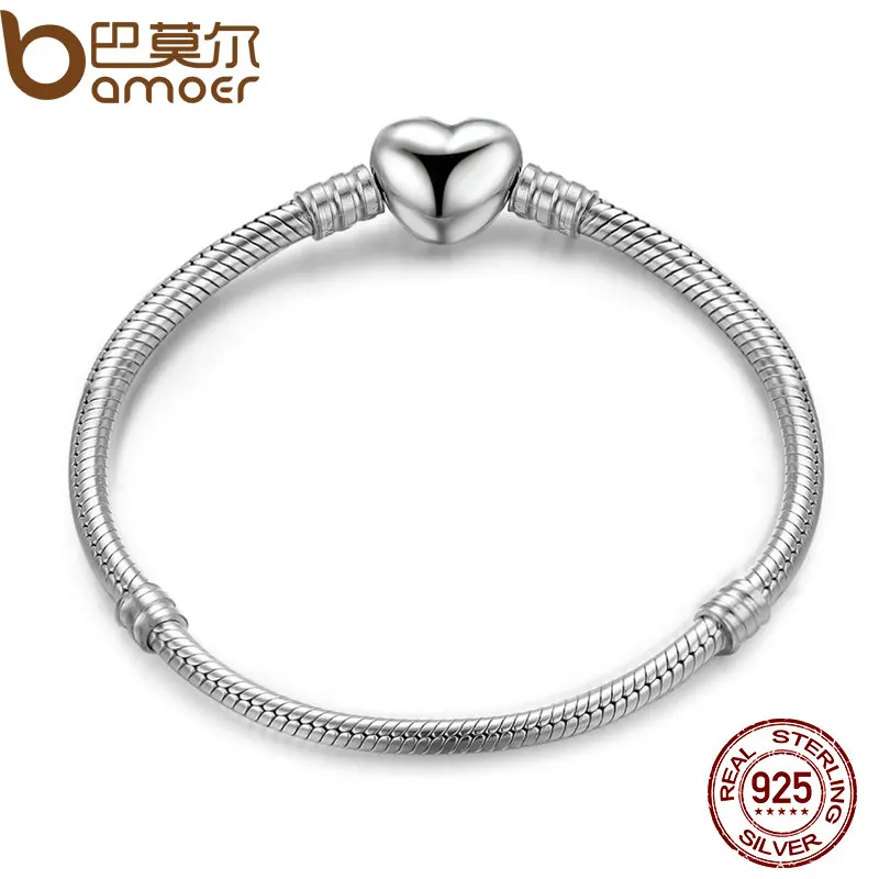 BAMOER Authentic 100 925 Sterling Silver Snake Chain Moments Heart Bracelet Bangle Luxury Silver Jewelry PAS917
