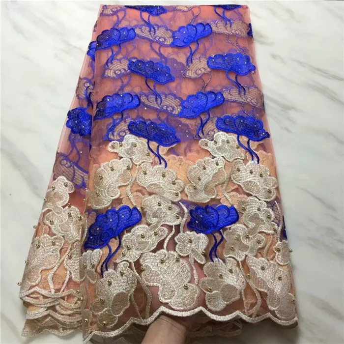 Latest royal blue white African Lace Fabric Embroidered High Quality French beads Cheap Nigerian tulle | Дом и сад
