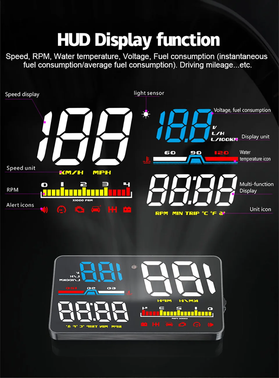 Alarme de Combustível Medidor de Velocidade Obd do Carro 5 Obd2 Cabeça up Display Hud Velocímetro Digital Brisa Projetor Fadiga a8 A1000 12 display digital velocímetro brisa projetor fadiga alarme