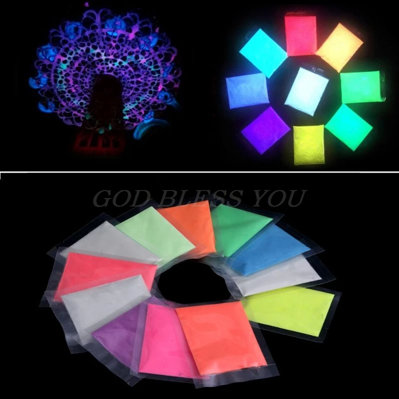 12 Colors Fashion Super Bright Glow in the Dark Powder Glow Luminous Pigment Fluorescent Powder Brightly Colored Powder 10g/bag