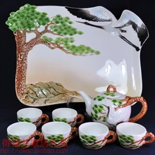 Цветной эмалированный фарфоровый чайный набор кунг-фу высокого класса подарок включает(1 чайник+ 6 чайных чашек+ 1 чайный поднос) сосновый кран, вырезанный вручную