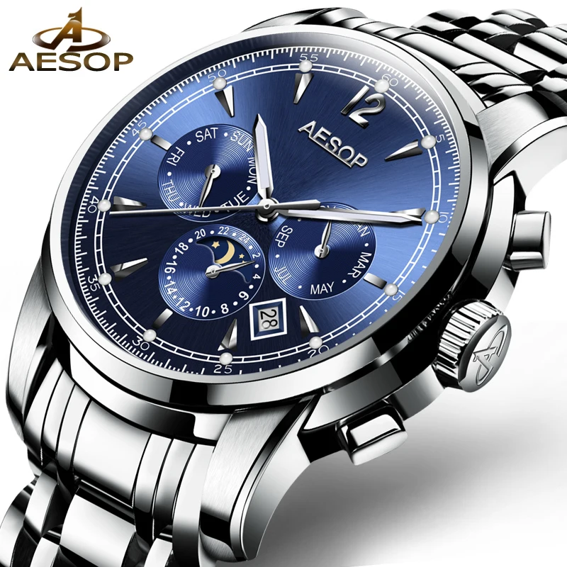 

AESOP Brand Fashion Waterproof Watch Men Automatic Mechanical Wristwatch Blue Male Clock Shockproof Relogio Masculino Ceasuri 46