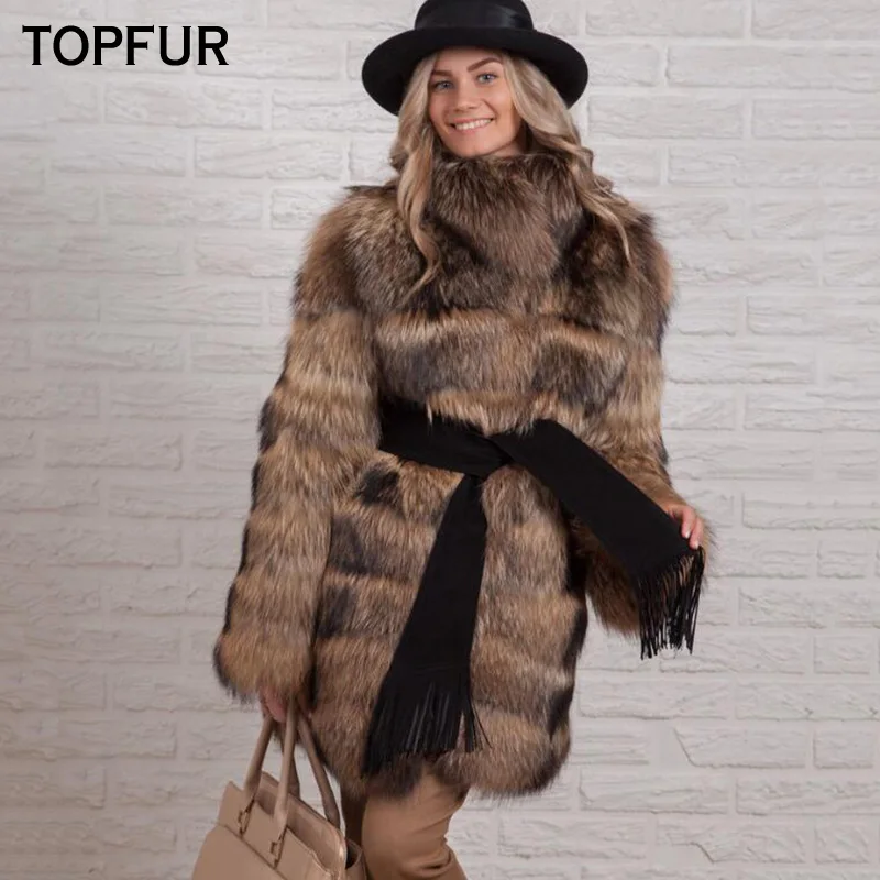 

TOPFUR 2018 New Real Raccoon Fur Coat Women Luxury Winter Fur Jacket Fashion 80 CM Length Raccoon Fur Outwear With Fur Collar