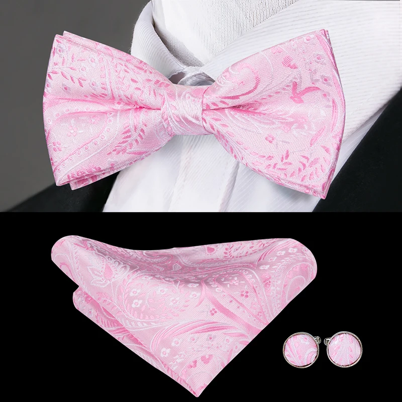 

Hi-Tie Classic Pink Bow Ties for Men Silk Butterfly Pre-Tied Bow Tie Pocket Square Cufflinks Set Wedding Party Floral Bowties