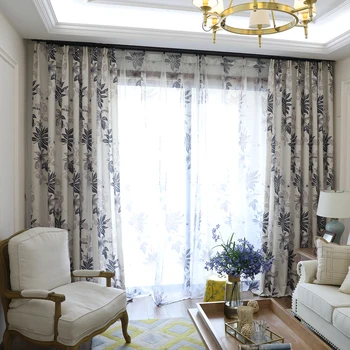 

Modern Style Black Leaves Linen Curtain for Living Room American Style Window Drapes for Bedroom Windows Drapes Tulle Curtains