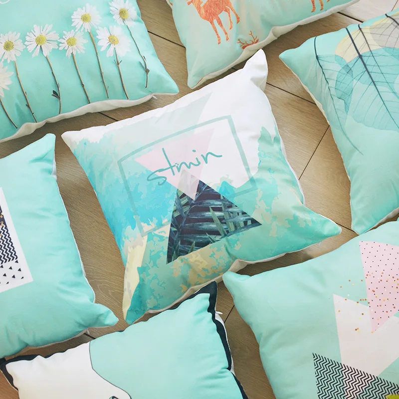 

Short Plush Cushion Cover Warm Mint Green Cushion Cover Nordic Mountain Leaf Flower pattern Home Deco Fall Pillow Cover 45*45cm