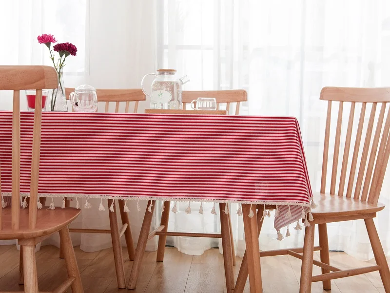 Красные Полосатые скатерти для кухни в японском стиле, хлопковая льняная прямоугольная скатерть с кисточкой, домашний декор, покрытие для обеденного стола