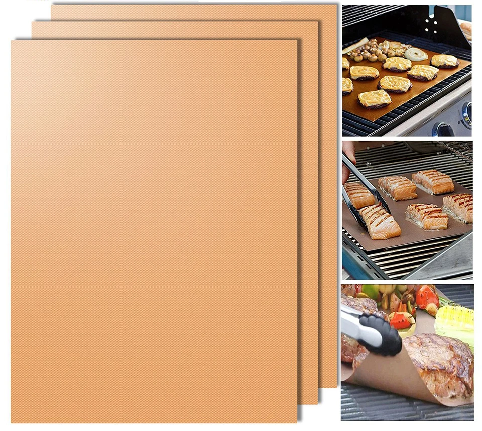 

3Pcs Gold Reusable Teflon BBQ Mat Baking Grill Mat Heat-resistant Baking Mat Non-stick BBQ Liner Teflon Baking Sheet