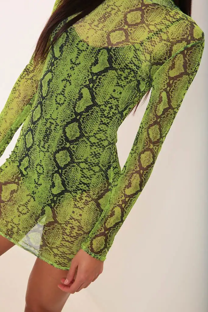 Летнее Сексуальное Женское Платье со змеиным леопардовым принтом, модное облегающее Сетчатое платье с длинным рукавом и круглым вырезом, вечерние Клубные мини-сарафаны