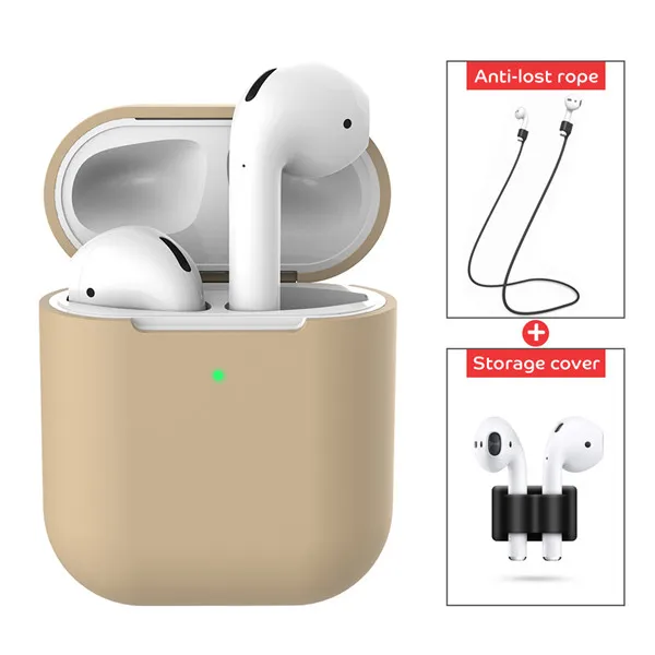 3 IN 1 Soft Liquid Silicone Wireless Earphone Case For Airpods 2 Apple Shell Accessories Cover Pouch Holder Anti-lost Strap - Цвет: apricot