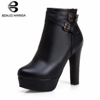 

BONJOMARISA Brand New Plus Size 34-50 Belt Buckle Zip Platform Shoes Woman Casual Party Ol Autumn Winter High Heels Ankle Boots
