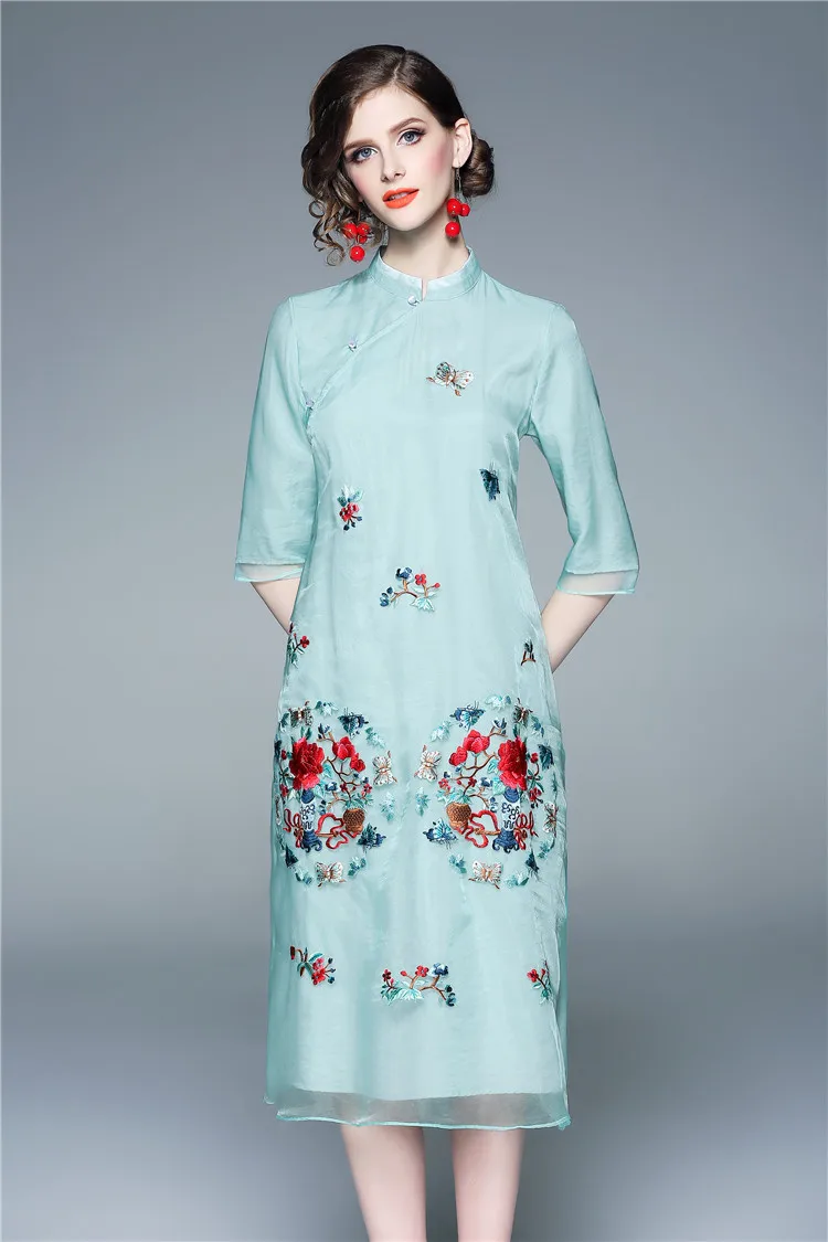 Платье из органзы с вышивкой весна лето Vestido женское платье Qipao стиль 3/4 рукав до середины икры винтажное китайское платье синий XXL