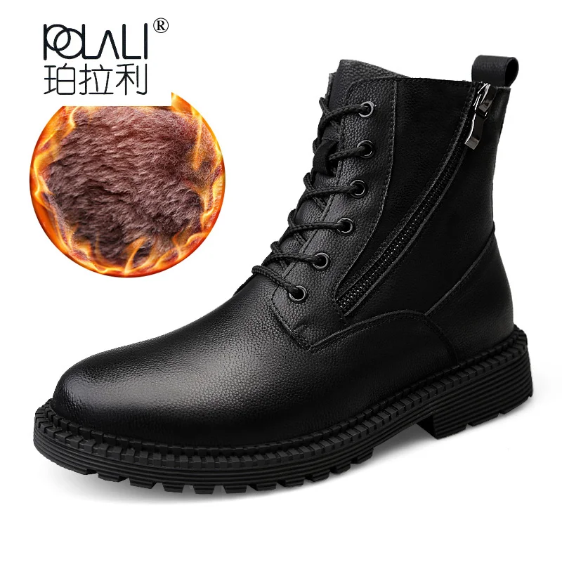 POLALI/Тактические водонепроницаемые теплые зимние ботинки; Мужские Винтажные кожаные ботинки в байкерском стиле; мужские повседневные ботильоны с высоким голенищем - Цвет: blackFUR