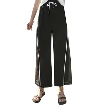 

Lychee Girls Stripe Hollow Out Mesh Patchwork Chiffon Pant See Through Wide Leg Drawstring Pants Spring Summer Sweet Loose Pants
