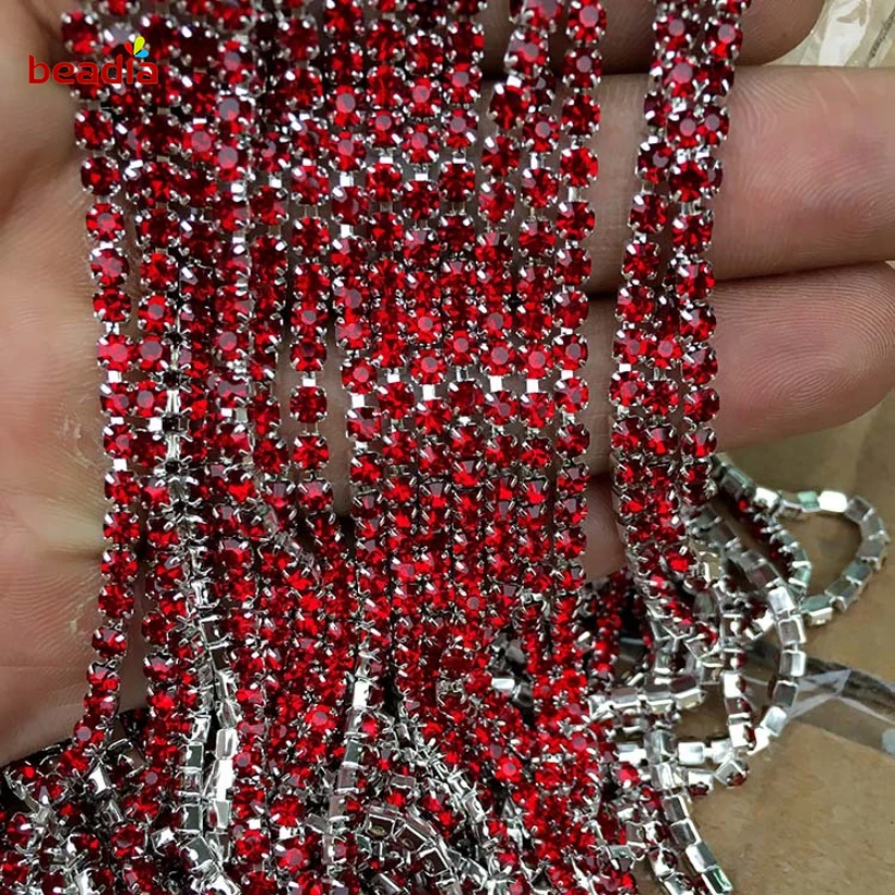 

High Density Hot Sale 2/2.5/2.8/3mm Flatback Red Rhinestone Chain For Decor Craft Sewing Clothes Accessories