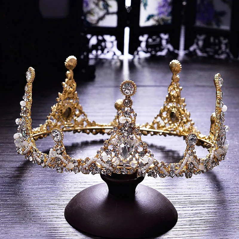 Золотая Корона в стиле барокко, свадебный головной убор, диадема, свадебные ювелирные изделия, вечерние круглые короны на день рождения, набор хрустальных китайских аксессуаров для волос - Окраска металла: Crown