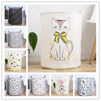 

Large 19.69*15.75in Folding Laundry Basket Cartoon Cat Storage Barrel Cotton Linen Dirty Clothes Basket Hamper Toys Storage Bag
