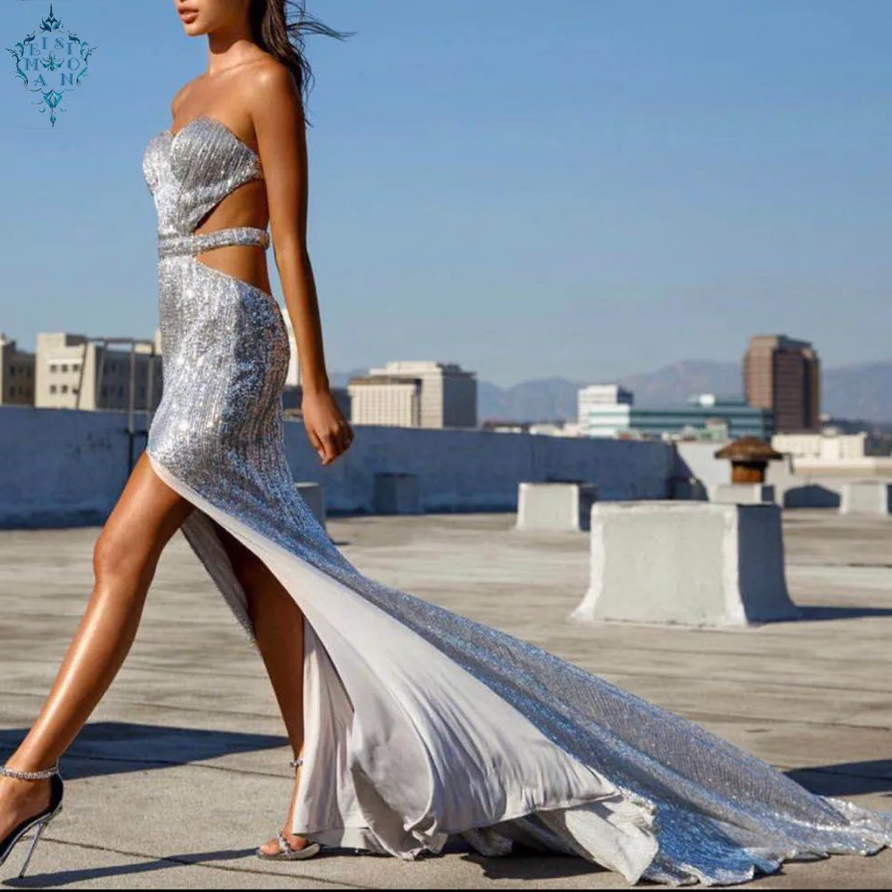 

Ameision Sexy Side Split Cutout Silver Sequined Mermaid Prom Dresses Long Backless Women Formal Maxi Evening Party Dress