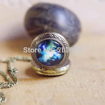

New 10pcs/lot Retro locket Charming Mini Nebula Pocket Watches quartz Necklace pendant fashion wholesale vintage style steampunk