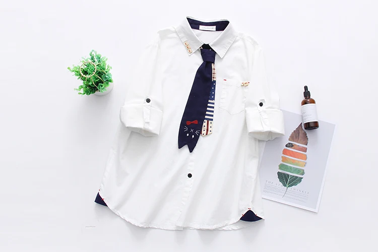 Элегантный дизайн белая блузка хлопковая рубашка для женщин мультяшный галстук карман длинный рукав Свободные топы Осень blusas feniminas T97882