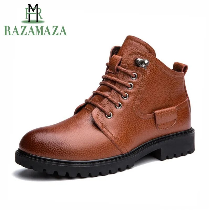 

RAZAMAZA Size 38-46 Real Leather Men Shoes Short Boots British Style Winter Shoes Plush Fur Boots Warm Winter Mid Calf Footwear