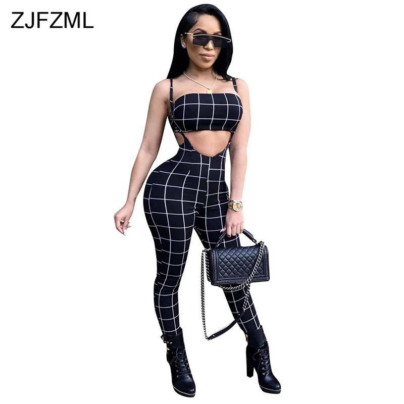 

ZJFZML Black White Plaid Sexy Skinny Jumpsuits Women Waist Band Cut Out Party Romper Summer Sleeveless Back Zipper Long Catsuits