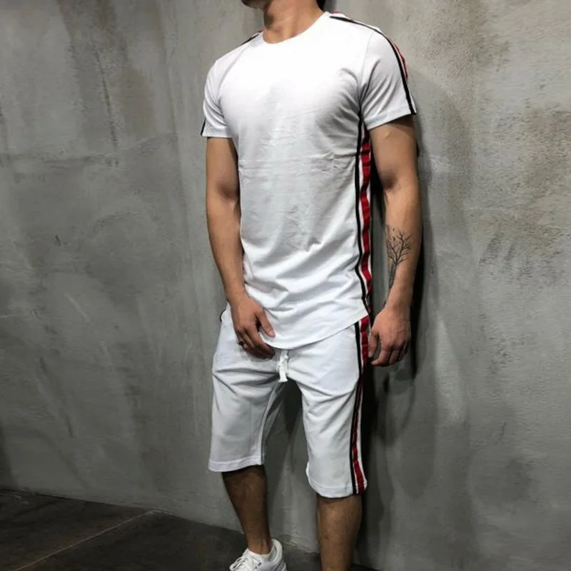 

Oeak Men's Fashion Side Stripe Sports Set 2 Pieces New O-neck Short Sleeves T-shirt+Shorts Hip Hop Loose Slim Fit Streetwear