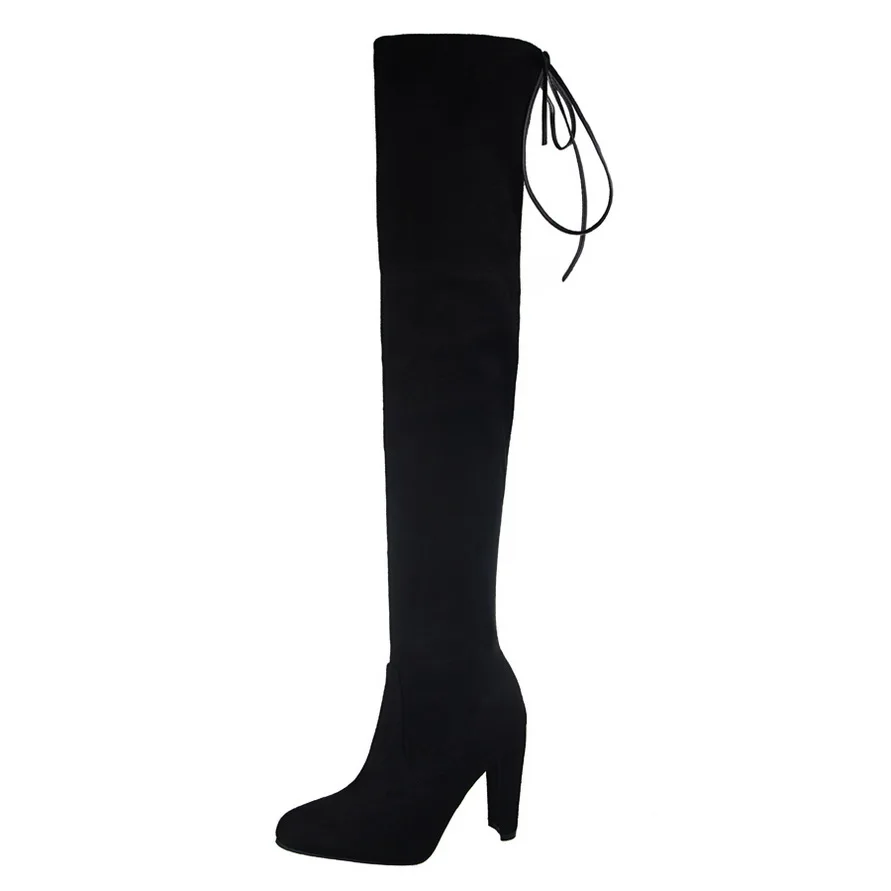 Black Knee High Boot HZXINLIVE/ г. Зимние эластичные сапоги выше колена женские зимние сапоги на высоком каблуке 9,5 см женская зимняя обувь из замши со шнуровкой - Цвет: Black Knee High Boot