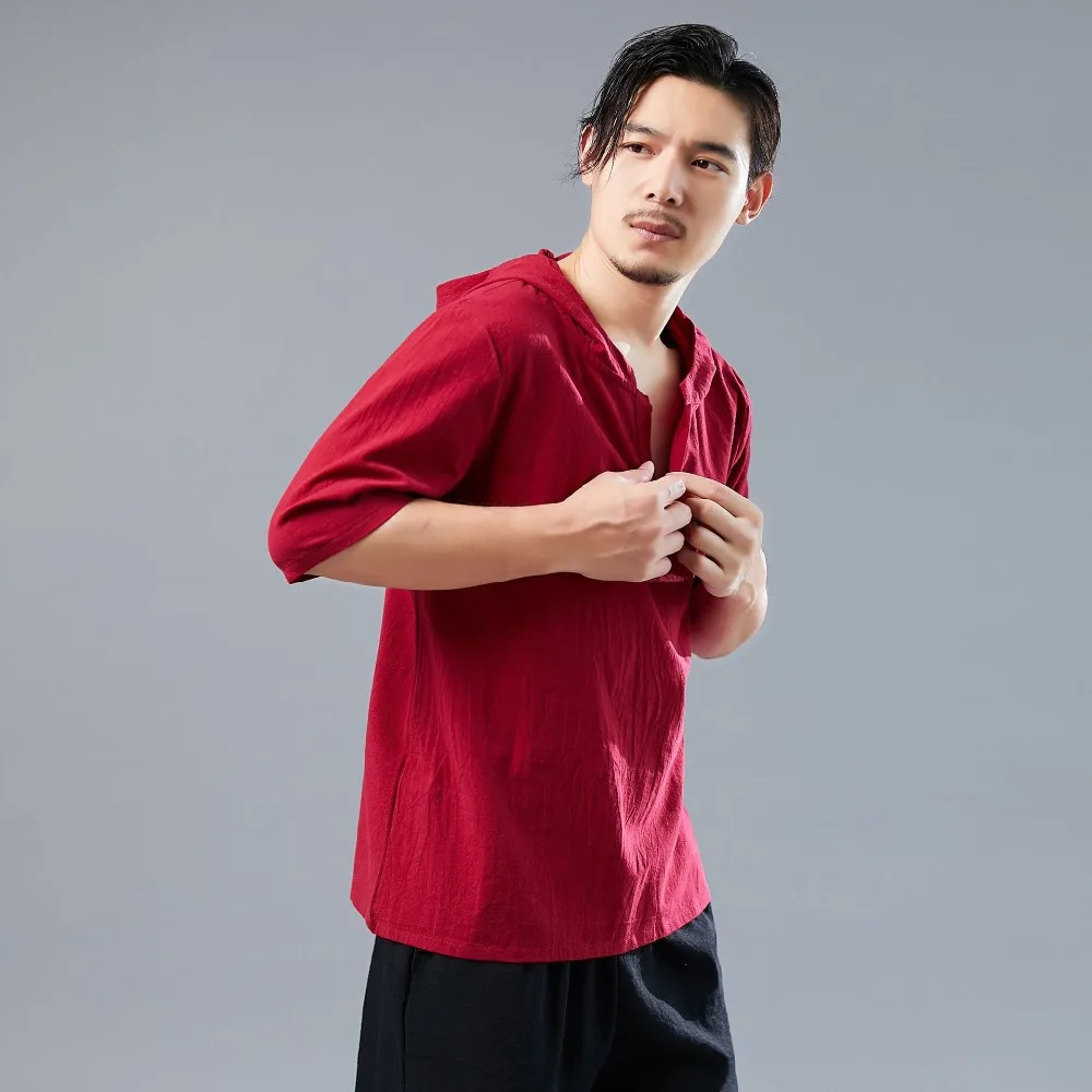 LZJN 2019 Men's Shirt Summer Style Hooded Short Sleeve Blouse Top Men New Casual Embroidery Cotton Linen Shirt Camisas De Hombre (12)