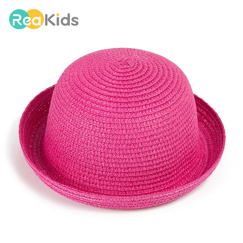 

REAKIDS Girls Cap Baby Hats Children Summer Hat Baby Boys Straw Hat Kids Beach Cap Girls Boys Solid Sun Cap Baby