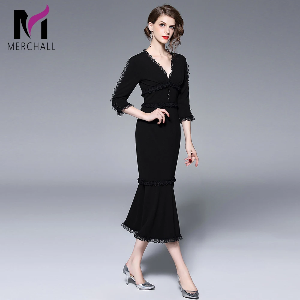 Merchall Runway Vintage BlaCK Lace Mermaid Womens Dresses V-Neck Long Sleeve Office Ladies Bodycon Sexy Party Dress Vestidos