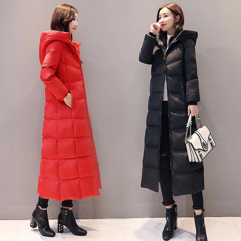 Women's Red Down Jacket 2018 New Winter Women Down Coats Female X-Long Thicken Slim Windproof White Duck Down Jacket Parka