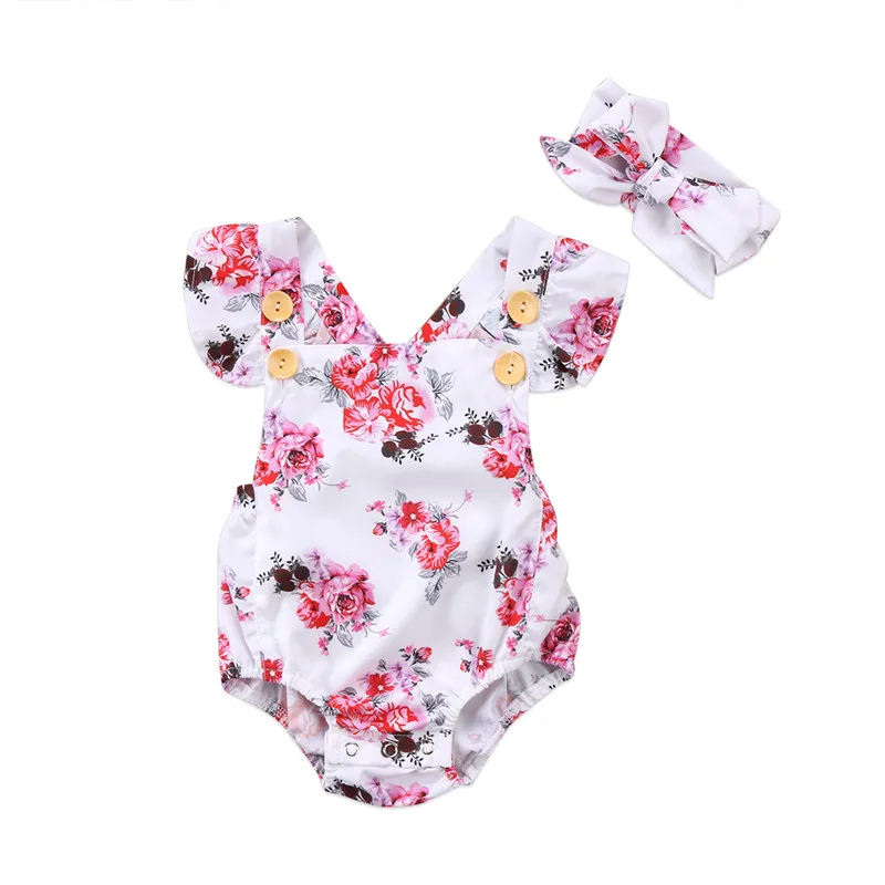 

2017 Summer Lovely Newborn Baby Girl Clothing Bodysuits Sleeveless Floral Cotton Bodysuit Jumpsuit Headband Outfit Clothes