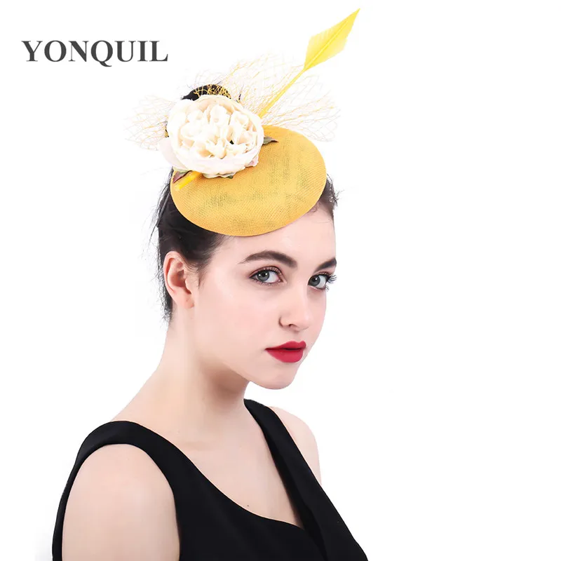 Желтый цвет Fascinators для женщин Элегантный Необычные Цветочные pillbox hat Фата женат Свадебные вечерние hat chapeau Чай Аксессуары для волос