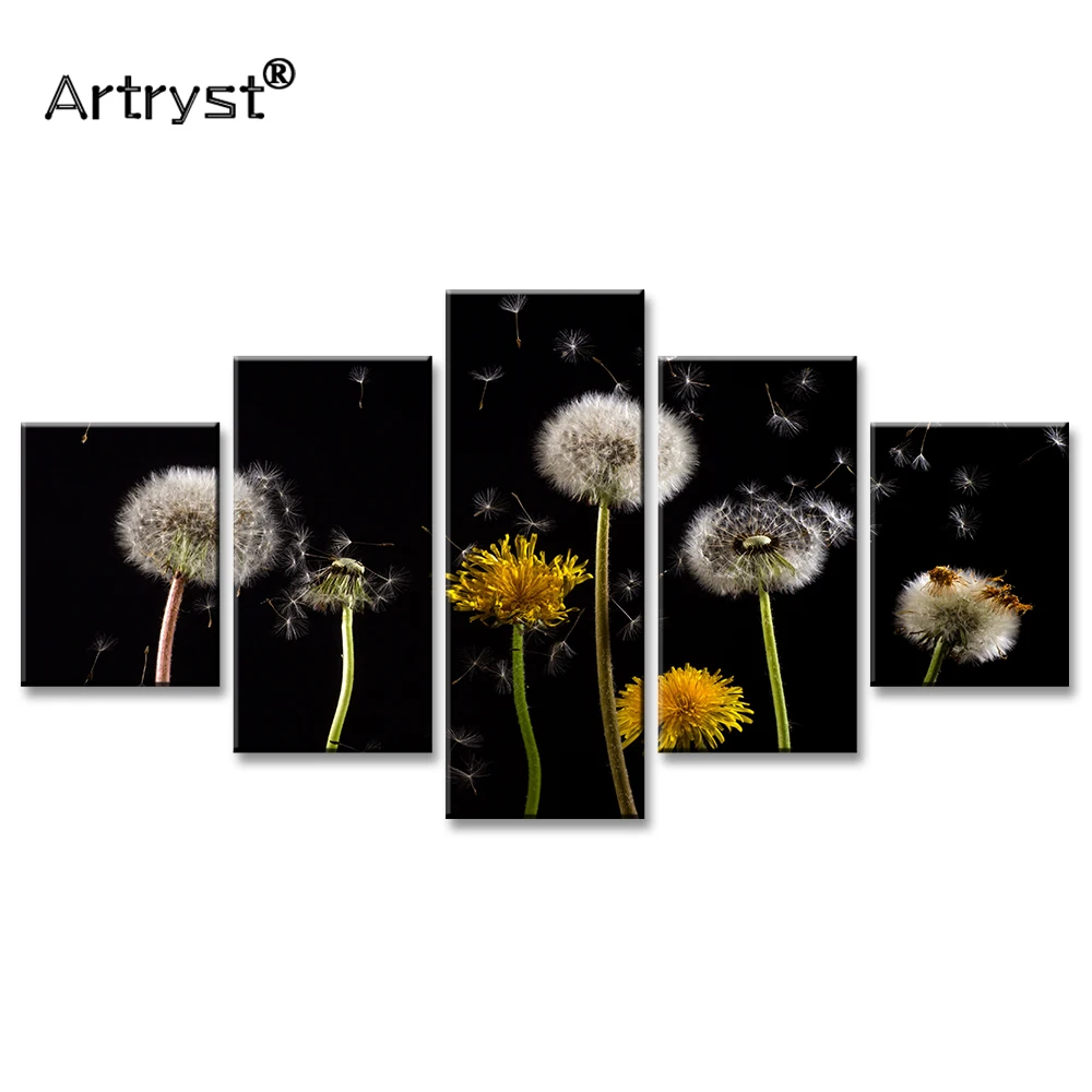 

Artryst 5 pieces Modular large canvas painting with frame HD print dandelion flower black wall art picture for living room decor