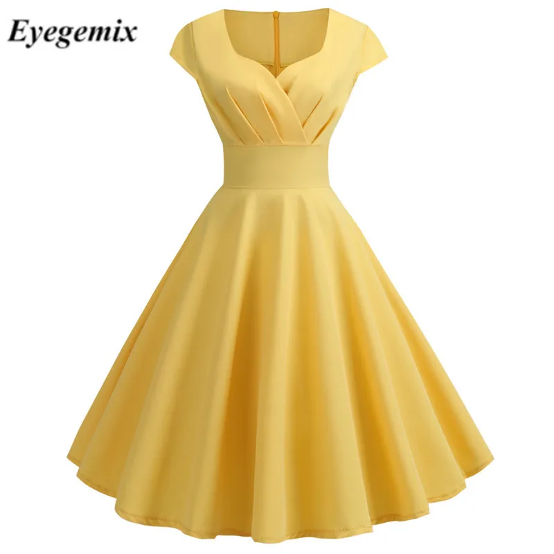 

Summer Dresses Vintage Elegant V Neck Brief Pure Solid Color Vestidos A-Line Pinup Business Party Women Flare Yellow Dress