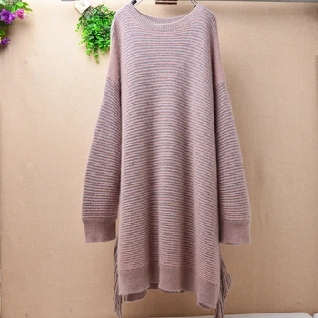 

Ladies women winter fashion stripes slit tassel angora knitting wool plus size long o-neck fluffy long sleeves pullover sweater
