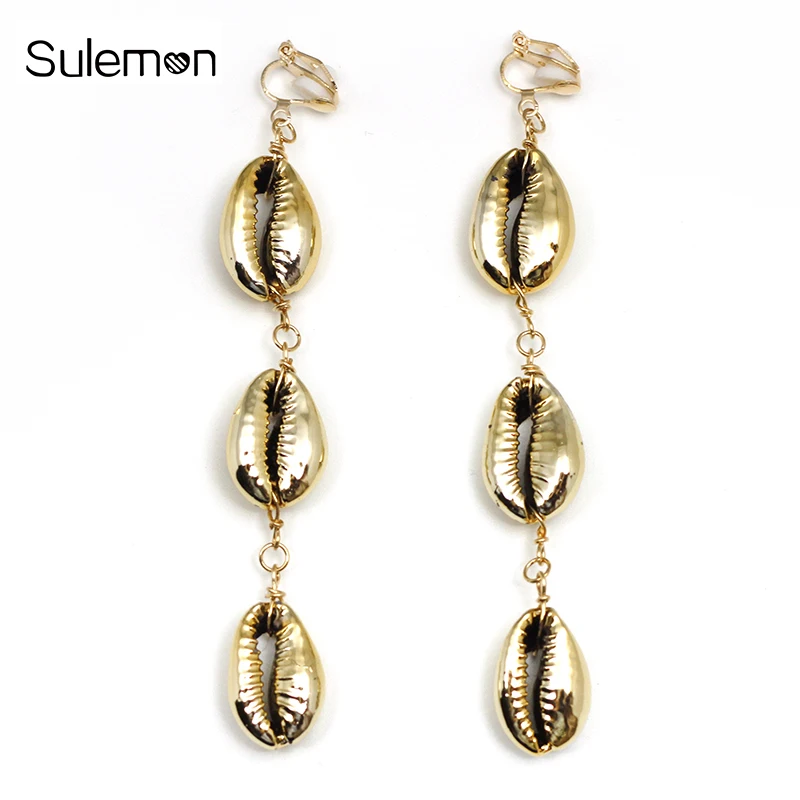 

Fashion Cowrie Shell Earring No Hole Ear Clips Gold Color Seashell Clip On Earrings Without Piercing Simple Women Earring SHE38
