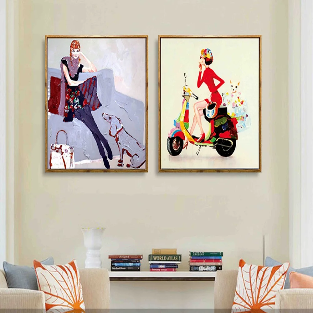 Реалистичная женщина леди мотоцикл маленькая собака холст картина пара фото